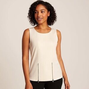 Worthington Women's Sleeveless Shell Top Cream Quilted Panels Functional Zip M